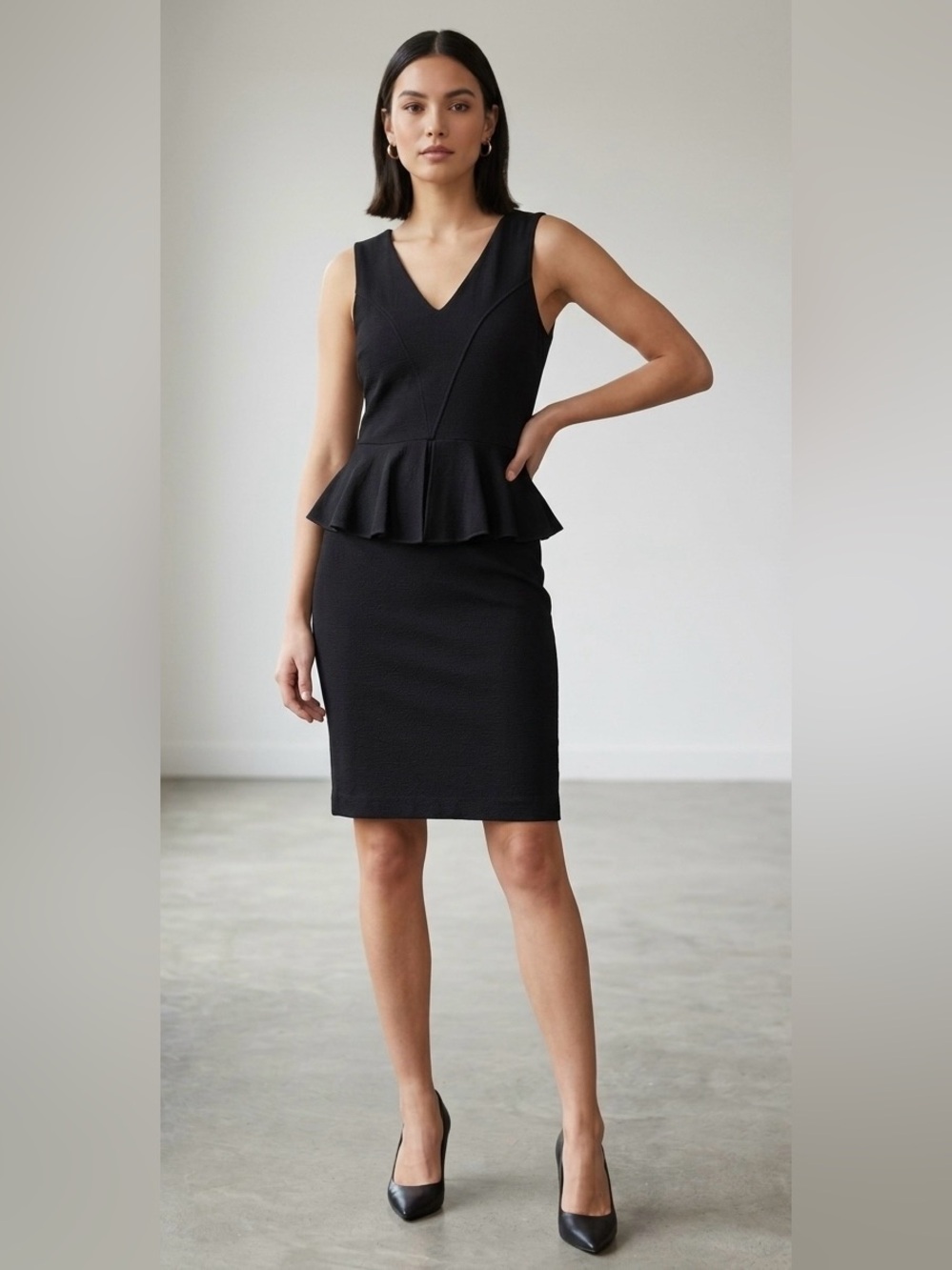 GANNI Eleanor Miss Marple Black Peplum V-Neck Sheath Dress S